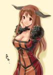  1girl big_breasts blush breasts brown_hair cleavage demon_girl dress fur_trim hand_on_own_cheek horns katahira_masashi large_breasts long_hair maou_(maoyuu) maoyuu_maou_yuusha simple_background sketch smile solo 