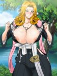 areola areolae beauty_mark big_breasts bleach blonde_hair blush breasts breasts_outside chains cum cum_on_body cum_on_breasts cum_on_clothes cum_on_upper_body gaden high_res highres large_breasts long_hair matsumoto_rangiku mole nipples open_clothes