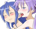  2girls bad_id blue_eyes blue_hair blush closed_eyes dorinko ear_lick ear_licking eargasm face hair hair_ribbon hiiragi_kagami hug hug_from_behind hugging izumi_konata licking long_hair lucky_star mole multiple_girls nude purple_hair ribbon simple_background tongue topless trembling tsurime twin_tails twintails white_background yuri 