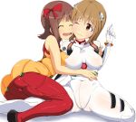  2girls amami_haruka ass asuka_langley_souryuu asuka_langley_souryuu_(cosplay) bow breasts brown_hair cosplay covered_nipples erect_nipples evangelion:_2.0_you_can_(not)_advance fay hagiwara_yukiho hair hair_bow hug hugging idolmaster impossible_clothes long_hair multiple_girls neon_genesis_evangelion plugsuit puffy_nipples rebuild_of_evangelion rei_ayanami rei_ayanami_(cosplay) simple_background skin_tight test_plugsuit white_background 