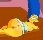 1girl after_sex anal_creampie ass big_ass blue_hair bottomless breasts cum_drip cum_in_ass cumshot exposed_ass gkg green_dress indoors looking_at_viewer marge_simpson milf necklace on_stomach pussy sexy slut sofa tan_line the_simpsons yellow_skin