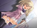  1girl blonde blonde_hair blush censored clothed_masturbation dutch_angle futanari game_cg itou_kasumi masturbation open_mouth panties panty_pull penis public purple_eyes school_uniform serafuku shinshoku_~inma_no_ikenie~ shinsyoku short_hair skirt solo stealth_masturbation stockings sumisumi tears thighhighs tongue touchable twin_tails underwear wink 