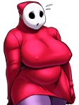 1girl belly breasts clothes covered_nipples drawfag dress embarrassed erect_nipples fat genderswap highres huge_breasts mario_(series) mask nikcesco nintendo pantyhose plump purple_legwear shy_gal shy_guy solo super_mario_bros. sweatdrop sweater sweater_dress thick_thighs thighs transparent_background wide_hips