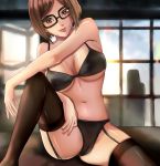  1girl bra breasts cleavage female female_only garter_straps lingerie looking_at_viewer navel panties pinkkitty scooby-doo short_hair solo stockings velma_dinkley 