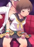 1boy 1girl belt black_hair blush brown_eyes brown_hair chie_satonaka clothed_sex megane meow_(nekodenki) narukami_yuu open_clothes open_shirt persona persona_4 pussy_juice satonaka_chie school_uniform serafuku sex short_hair sitting sitting_on_lap skirt stealth_sex track_jacket unbuckled_belt when_you_see_it yuu_narukami