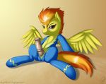 amber_eyes clothed clothing dickgirl equine friendship_is_magic hair horse horsecock intersex jumpsuit looking_at_viewer my_little_pony orange_hair pegasus penis plain_background pony precum skipsy smile solo spitfire testicles tight_clothing two_tone_hair wings wonderbolts_(mlp) zipper