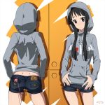 1girl akiyama_mio ass backboob big_breasts black_hair blue_eyes breasts clothes_writing clothing_writing denim denim_shorts dimples_of_venus from_behind hands_in_pockets head_tilt hips hood hoodie k-on! long_hair looking_at_viewer masturbation midriff nail_polish oppai payot short_shorts shorts solo standing stealth stealth_masturbation suna thumbs_in_pockets vibrator vibrator_under_clothes vibrator_under_panties