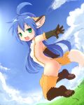 1girl ahoge animal_ears ass barefoot blue_hair breasts fangs feet female fox full_body grass green_eyes izumi_konata ka ka_(pixiv341010) kagerofu konata_izumi looking_at_viewer lucky_star mole nature nude outdoors outside pawpads paws sky soles solo tail toes zenra