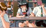 2boys 2girls black_hair book closed_eyes couple exhibitionism fingering glasses hair library masturbation megane multiple_boys multiple_girls multitasking public skirt skirt_lift stealth_masturbation table under_skirt under_table