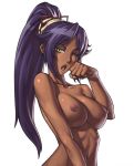 1girl abs big_breasts bleach breasts bust clavicle curvaceous dark_skin fang fist huge_breasts large_breasts long_hair mcbena navel nipples nude open_mouth oppai ponytail purple_hair shihouin_yoruichi simple_background solo speh toned white_background wink yawn yawning yellow_eyes