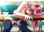 belt blush chair game_cg hair houtani_yukitoshi long_hair masturbation mechanical_pencil midriff miniskirt onanism open_mouth panties pencil pink_hair reversible sitting skirt solo stealth_masturbation stockings sweat table thighhighs under_table x-ray yoshimori_misaki