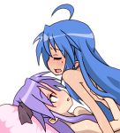 2girls ahoge blue_hair blush closed_eyes hair hiiragi_kagami izumi_konata kagami_hiiragi konata_izumi lucky_star mole multiple_girls nude pillow purple_hair ribbon sex sweat twintails yuri