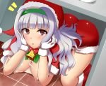 1girl alluring ass bell big_breasts boots breasts fay gloves hat idolmaster large_breasts long_hair looking_at_viewer nipples purple_eyes santa_boots santa_hat shijou_takane solo tears voluptuous