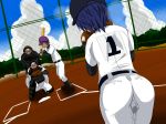 1girl 3boys ass baseball baseball_bat baseball_cap baseball_glove baseball_helmet baseball_uniform belt blue_hair dildo discreet_vibrator dutch_angle hat helmet huge_ass masturbation monkey_plan multiple_boys public public_masturbation public_vibrator pussy_juice sky sportswear stealth stealth_masturbation uniform vibrator_under_clothes