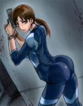 1girl ass blood blood_splatter blue_eyes bodysuit brown_hair dutch_angle from_behind gun handgun huge_ass jill_valentine looking_back pistol ponytail resident_evil resident_evil_revelations sgk solo watch weapon wristwatch