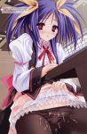  1girl black_legwear blush cum kawai_ameri moekibara_fumitake panties panties_under_pantyhose pantyhose purple_hair school_uniform semen solo stealth_masturbation tayutama twin_tails twintails under_table underwear vibrator vibrator_bulge waitress 