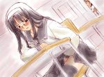  1girl caught desk glasses happy_lesson headband masturbation megane nanakorobi_fumitsuki pleated_skirt school_desk school_uniform serafuku skirt solo stealth_masturbation stockings thighhighs under_desk under_table walk-in zettai_ryouiki 