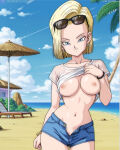 android_18 beach big_breasts blonde_hair blue_eyes dragon_ball_z earrings looking_at_viewer medium_hair nekom14 nipples no_bra no_panties open_shorts shirt_lift shorts sunglasses sunglasses_on_head white_shirt