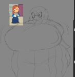 1girl 1girl 2d 2d_(artwork) ass ass_up bbw blue_dress blue_skirt bottom_heavy breasts chalkpaste digital_media_(artwork) female_focus female_only ginger_hair greyscale huge_ass huge_breasts kindergarten_(game) kindergarten_3 ms._lovelett orange_hair shiny teacher thick top_heavy wip