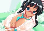 1girl bed black_hair blue_eyes blush breasts cleavage dark_skin huge_breasts kinbou_sokai konmori_(kinbou_sokai) mole nipples original puffy_nipples school_uniform see-through see_through solo sweat tiny_hands wet