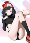 1girl 1girl absurd_res alternate_costume artist_name beanie black_eyes black_hair black_panties black_socks black_sweater closed_mouth commentary english_commentary hat high_res long_sleeves looking_at_viewer midriff otokakoto paid_reward_available panties pokemon pokemon_sm red_hat selene_(pokemon) short_hair sitting smile socks sweater underwear