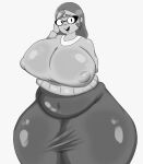 1girl 1girl 1girl belly breasts covered_navel covered_nipples dark-skinned_female dark_skin glasses greyscale huge_breasts jeletrix kindergarten_(game) kindergarten_3 long_hair long_skirt looking_at_viewer mature_female monochrome ms._lovelett navel_visible_through_clothes nipples open_mouth plump plump simple_background skirt smile sweater tagme