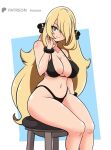  1girl alluring big_breasts bikini black_bikini blonde_hair cynthia cynthia_(pokemon) grey_eyes long_hair momocka_art nintendo pokemon pokemon_trainer wide_hips 