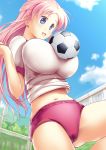  1girl :d ball blue_eyes breasts buruma cameltoe chesting_(soccer_move) endou_hiroto gym_uniform high_res highres huge_breasts long_hair open_mouth original pink_hair ponytail seitaiten_rivette smile soccer soccer_ball solo sport telstar 