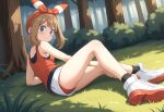 1girl ai_generated haruka_(pokemon) haruka_(pokemon)_(remake) may may_(pokemon) on_back sexy sexy_body sexy_legs sexy_pose sitting