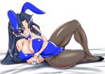  1girl animal_ears asakura_ryouko bad_id big_breasts blue_eyes blue_hair breasts bunny_ears bunnysuit cameltoe cleavage curvy fishnet_pantyhose fishnets kinbou_sokai konmori_(kinbou_sokai) large_breasts long_hair love_bulge lying nipple_slip nipples pantyhose solo suzumiya_haruhi_no_yuuutsu 