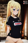 blonde_hair blue_eyes bottomless chivas darkness_(konosuba) kono_subarashii_sekai_ni_shukufuku_wo! long_hair looking_at_viewer nekom14 no_panties ponytail pussy sitting_on_bed soccer_jersey