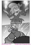 1girl 2025 2koma boots chickpea crossed_legs dark-skinned_female digital_drawing_(artwork) enid grey_background grey_theme greyscale hearts instant_loss instant_loss_2koma monochrome ok_k.o.!_let&#039;s_be_heroes pointy_hat simple_background smile standing witch witch_hat
