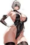 1girl big_breasts blindfold bubble_butt cleavage eve_(stellar_blade) horny igiroitsu inviting_to_sex nier nier:_automata nier_(series) pose standing stellar_blade stockings teasing thick_thighs white_hair yorha_2b_(cosplay)