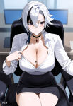 1girl ai_generated arlecchino_(genshin_impact) big_breasts breasts choker cleavage curvy female_only genshin_impact helltoyou light-skinned_female light_skin miniskirt multicolored_hair office_lady pencil_skirt qos qos_tattoo queen_of_spades shirt_pull sitting spade_tattoo thick_thighs thighs white_hair white_shirt wide_hips
