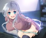 1girl aqua_panties bad_id big_breasts black_legwear blue_eyes blurry blush breasts depth_of_field large_breasts long_hair myg open_mouth original panties ribbed_sweater shelf silver_hair solo stockings sweater thighhighs underwear undressing