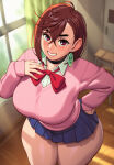  ai_generated ayase_momo bare_thighs brunette dandadan gigantic_breasts huge_breasts huge_thighs juuicy_ai light-skinned_female light_skin looking_at_viewer massive_breasts miniskirt red_eyes short_hair smile solo_female squatting sweat sweatdrop sweater thick_body thick_female thick_thighs thighs voluptuous voluptuous_female 