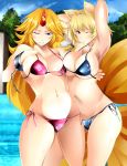 2girls animal_ears arms_up bikini blonde_hair blush breast_press breasts cleavage female fox_ears fox_tail hair horn hoshiguma_yuugi long_hair multiple_girls navel no_hat no_headwear red_eyes shackle shackles shinoji_(shin_status) short_hair side-tie_bikini swimsuit tail touhou very_long_hair wink yakumo_ran