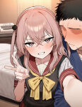 1boy 1girl ai_generated black_hair blush inui_sajuna light-skinned_female light-skinned_male light_skin long_hair looking_at_viewer ntr pink_eyes pink_hair school_uniform schoolgirl selfpic small_breasts smile sono_bisque_doll_wa_koi_wo_suru spoilage_ai squatting sweat sweatdrop v voluptuous voluptuous_female wakana_gojo