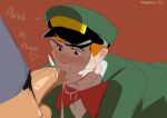 2021 2boys blush bottomless cum cum_in_mouth dc_comics fellatio human male male_only plain_background pronzcrater pubic_hair redhead redhead_male space_cabbie spanish_text text uniform yaoi