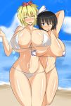  2girls areola areola_slip areolae armpits beach bikini black_eyes blonde_hair blue_eyes breasts closed_eyes curvy erect_nipples female hair hair_ornament hat headgear hips huge_breasts micro_bikini mound_of_venus multiple_girls murasa_minamitsu musuka_(muska) navel ocean short_hair standing string_bikini summer sweat swimsuit thigh_gap thighs toramaru_shou touhou white_bikini white_swimsuit wide_hips wink 