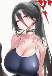 1girl ai_generated black_hair blue_archive blush breasts choker gigantic_breasts halo hasumi_(blue_archive) huge_breasts light-skinned_female light_skin long_hair looking_at_viewer mole mole_under_eye ponytail red_eyes sarah_ai_illu school_swimsuit sweat sweatdrop sweating swimsuit wings