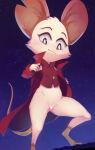 1girl animal_ears ass black_eyes blush bottomless censor_bar censored cloak crotch female_focus female_only female_solo from_below fur furry furry_female groin looking_at_viewer looking_down mina_(mina_the_hollower) mina_mina_the_hollower mina_the_hollower mouse mouse_ears mouse_girl mouse_tail notched_ear nude raised_eyebrows red_cloak red_vest sleeveless small_breasts smile starry_sky tail thick_thighs undressing variant_set vest white_fur wide_hips younger_female