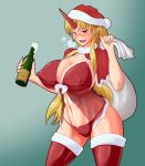 1girl babydoll blonde_hair blush bottle breasts breath capelet christmas covered_nipples dashigarayama drunk erect_nipples fang female gradient gradient_background hat heavy_breathing horn hoshiguma_yuugi huge_breasts long_hair navel open_mouth panties pointy_ears red_eyes red_legwear red_panties sack santa_hat simple_background smile solo stockings thighhighs touhou underwear