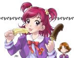 2girls :p banana_popsicle chocolate_banana closed_eyes eyelashes flipped_hair food hair hair_bobbles hair_ornament ice_cream multiple_girls natsuki_rin nozomi_yumehara pinky_out popsicle precure pretty_cure purple_eyes rin_natsuki same school_uniform serafuku sexually_suggestive text tongue tongue_out translated two_side_up yes!_precure_5 yes!_pretty_cure_5 yumehara_nozomi