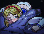 black_background blonde blonde_female blonde_hair blue_capelet blue_eyes blush blush_lines capelet clenched_hand creative_signature cum dripping dripping_penis groin_tendon hair_between_eyes hairband huge_penis japanese_text long_sleeves looking_at_viewer mosaic_censoring mr_x navel on_person one_eye_closed oral oral_sex pale-skinned_male pale_skin panties parted_bangs parted_hair penis_on_face ponpu pov purple_skin red_hairband resident_evil_2 sailor_fuku sherry_birkin short_hair sidelocks signature simple_background spread_legs veiny_penis white_panties white_sleeves zombie