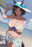  1girl ai_generated arm_under_breasts armpits bandage beach big_breasts bikini blush breasts collarbone hat horse_ears horse_girl horse_tail huge_breasts light-skinned_female light_skin looking_at_viewer navel open_mouth outside short_hair smile standing sukit96926 sweat sweatdrop sweating swimsuit tail tomboy umamusume umamusume_pretty_derby winning_ticket_(umamusume) 