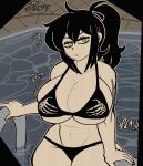 1girl 1girl alternate_version_available artist_name big_breasts big_breasts bikini bikini_bottom bikini_top black_bikini black_hair bottomwear breasts child_bearing_hips cleavage english english_text female_only green_eyes hair hips huge_breasts light-skinned_female light_skin mature mature_female mature_woman milf milf navel onomatopoeia ponytail pool poolside renee_graves rose_dax solo_female speech_bubble swimwear text the_coffin_of_andy_and_leyley thighs tied_hair topwear 