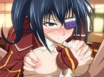 1girl angry areola areolae big_breasts blue_eyes blue_hair blush breasts classroom clenched_teeth eyepatch large_breasts medaka_box neck_tie necktie nipples paizuri penis school_uniform short_hair sweat tears teeth torn_clothes uncensored wanizuka_shori