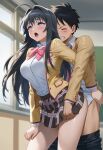 1boy 1boy1girl 1girl ai_generated big_breasts black_hair black_pants blush breasts classroom classroom_sex clenched_teeth closed_eyes clothed clothing crossover excited excited_female excited_male eyes grabbing_skirt hand_on_leg kanokon long_hair minamoto_chizuru monkey_d._luffy monkey_d_luffy no_panties one_piece pants_down purple_eyes pussy_juice scar scar_on_face school_uniform sex sex_from_behind striped_skirt sweat uncensored window