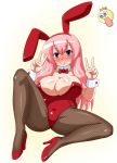  1girl animal_ears big_breasts blue_eyes blush breasts bunny_ears bunnysuit cleavage detached_collar double_v fishnet_pantyhose fishnets goriate himehajike long_hair noeru_kohho pantyhose pink_hair solo v wrist_cuffs 